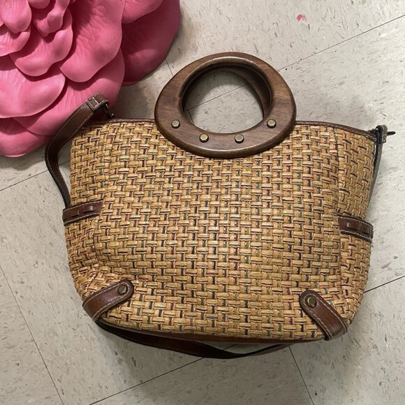 FOSSIL Brown Woven Wicker Handbag w/ Wooden Round‎ Handles Leather Trim Y2K Boho - Picture 8 of 16